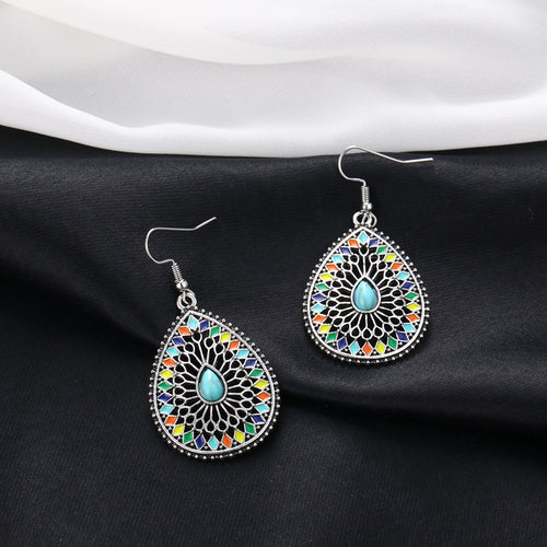 Shaped Carved Hollow Colorful Oil Drop Earrings