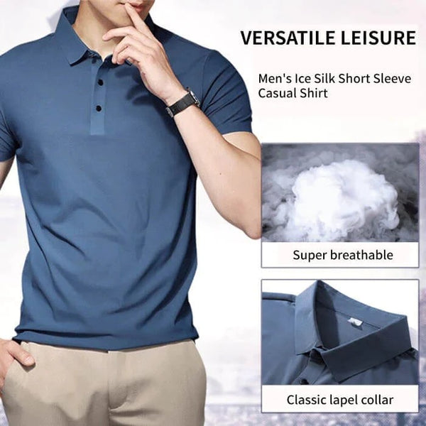 Men's Summer Ice Silk Without Trace Business Lapel Solid Color Simple T-Shirt