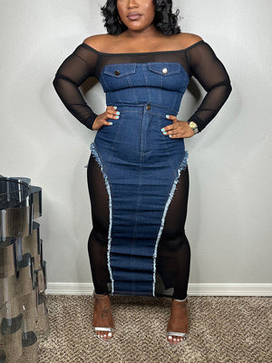 Denim Mesh Skirt Set