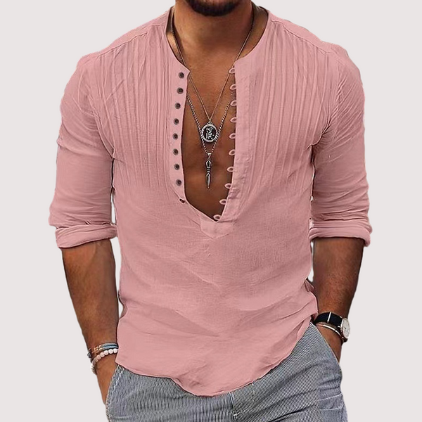 Men's V-Neck Cotton Linen Solid Color Shirt