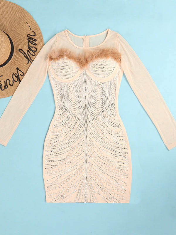 Feather Pearl Rhinestone Minidress