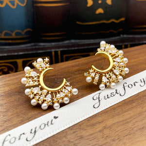 Vintage Gold Half-moon Pearl stud earrings