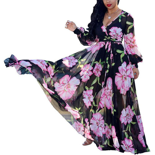 Floral Print Pleated Maxi Dresses