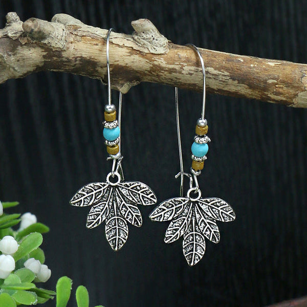 Silver Leaf Boho Earrings with Opal Stones