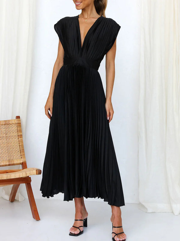 Sleeveless V Neck Pleated Maxi Dress