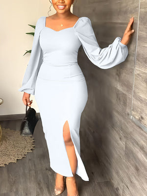 Lantern Sleeve Slit Dress