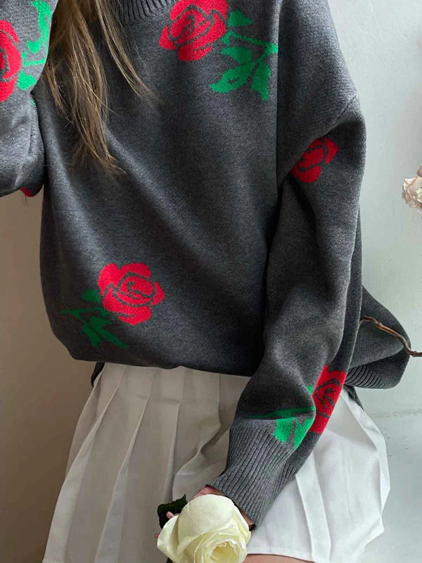 Round Neck Rose Print Sweater