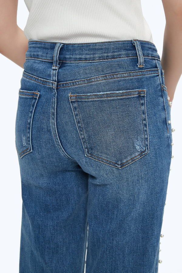 ONESO Wide Leg Mid-Low Rise Baggy Jeans for Women Distressed Pants Stretchy Bottom Lady Basic Comfortable Denim