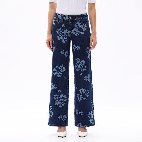 ONESO Women BBL Jeans Mid-Low Rise Wide Leg Stretch Baggy Printing Denim with Tummy Control Minimalist Basic Trouser