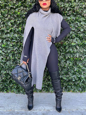 Slit Asymmetrical Turtleneck Top