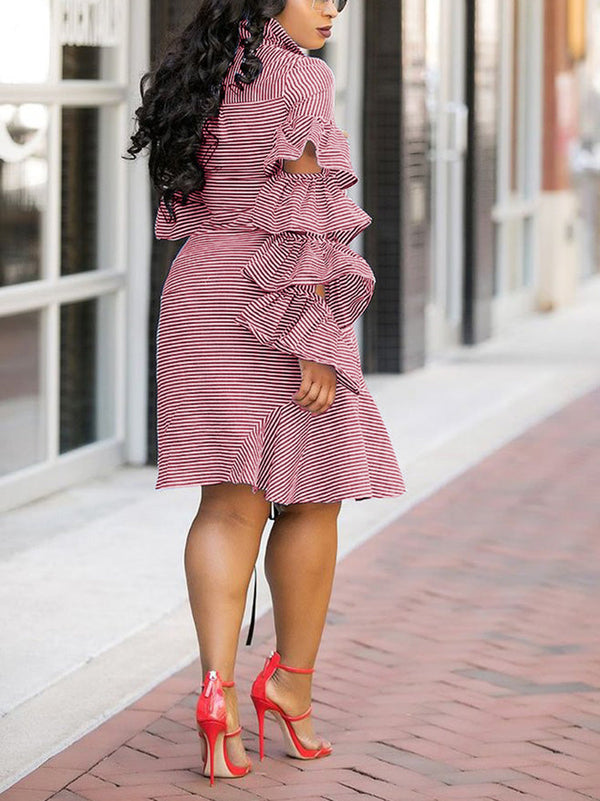 Striped Flounce Sleeve Drawstring Dress