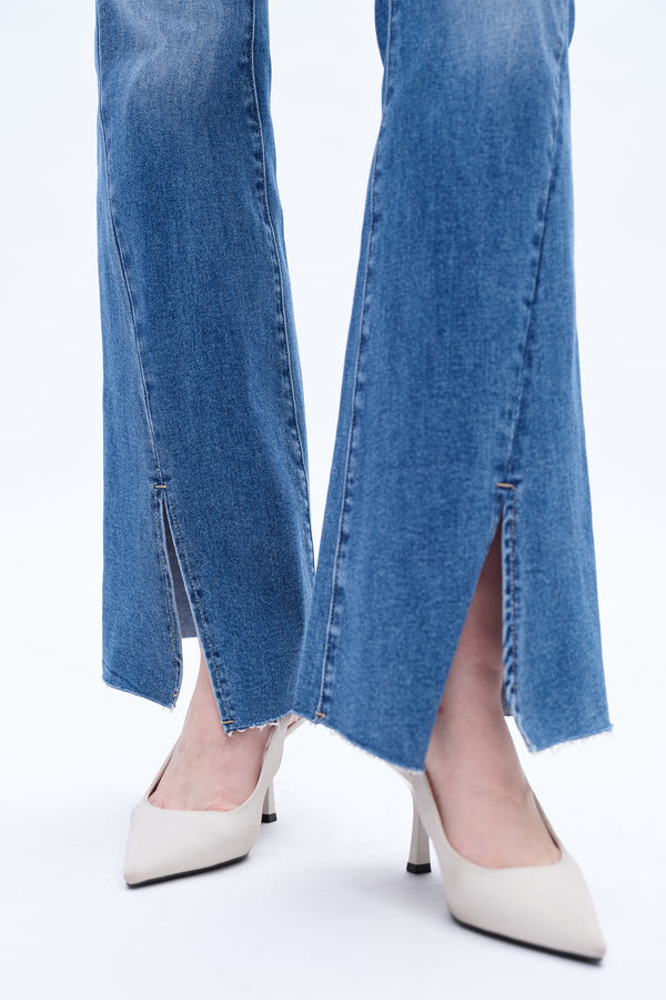 Women High Rise Stretch Flare Distressed Front Slit Jeans BYF1100