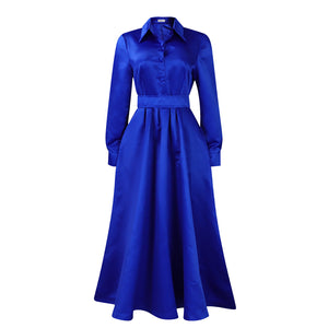 Solid Colour Lapel Long Sleeve A-line Dress