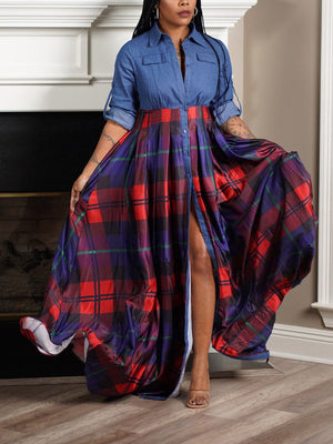 Denim Plaid Maxi Dress