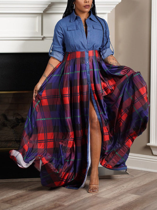 Denim Plaid Maxi Dress