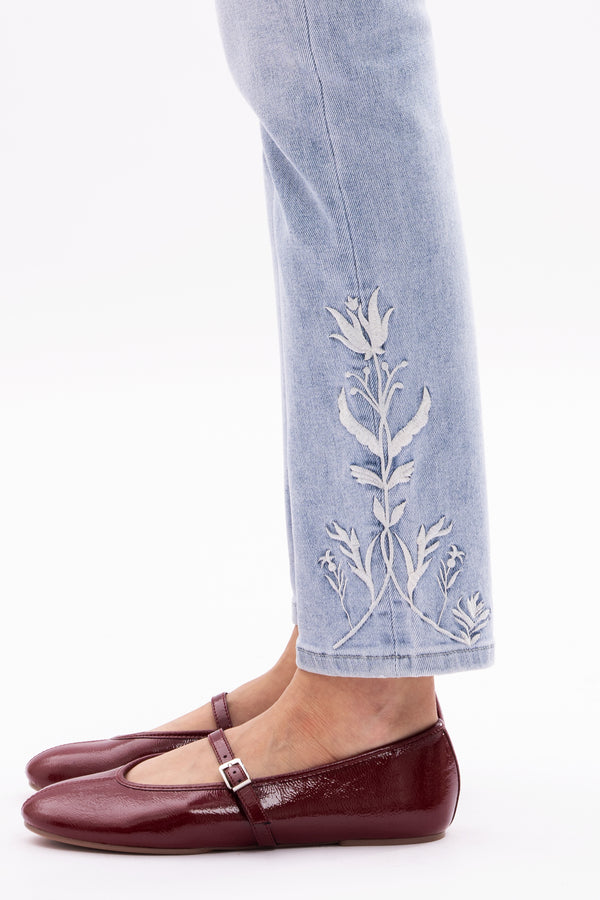 Bloomie Mid Waist EmbroideredHem Stretchy Jeans Women Straight Leg CasualDenim Pants