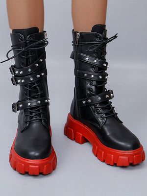 Eyelet Buckled Zipper Platform Boots