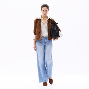 ONESO Women Mid-Waist Front Pocket Design Wide-Leg Jeans High Stretch Comfortable Denim Pants