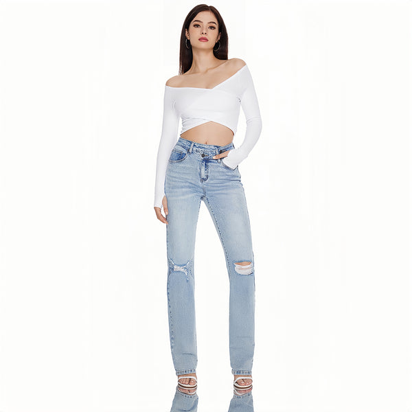 Women High Rise Stretch Bootcut Ripped Wide Leg Jeans SH25F15