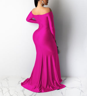 Long Sleeve Off Shoulder Split Maxi Dresses