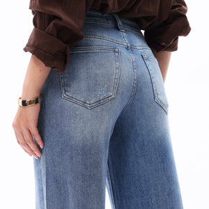 ONESO Women BBL Jeans Mid-Low Rise Wide Leg Stretch Relaxed Fit Embroidered Jeans Flat Tummy Design Simple Basic Trousers