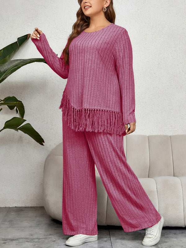 Fringed Long Sleeve Top Loose Wide Leg Pants Set