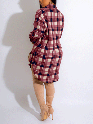 Long Sleeve Plaid Buckle Shirt Dress