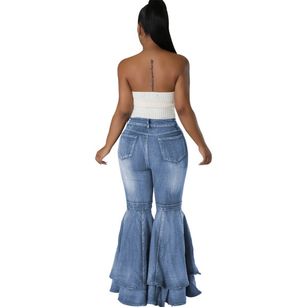 Denim High Waist Ruffle Flare Jeans