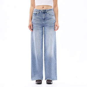 ONESO Women BBL High Rise Raw Hem Baggy Jeans High Stretchy Wide Leg Tummy Denim Pants