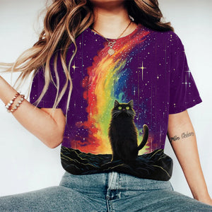 Black Cat Under Rainbow And Stars Print Crew Neck T-shirt