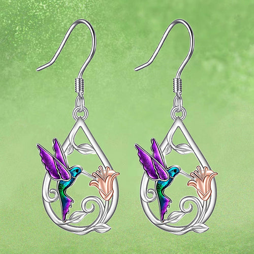 Hummingbird And Flower Water Drop Earrings