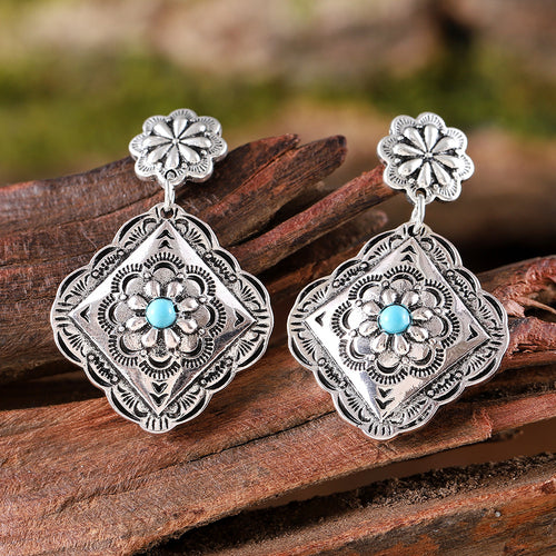 Vintage Diamond Flower Turquoise Earrings