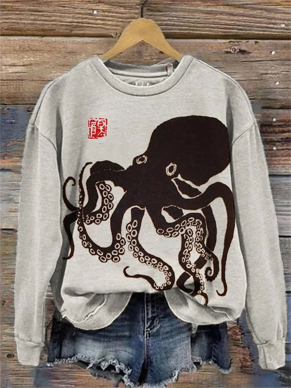 Octopus Japanese Lino Art Vintage Print Sweatshirt