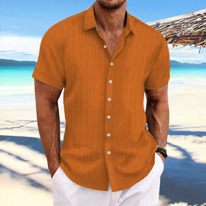 Men's cotton and linen striped jacquard casual loose short-sleeved shirt