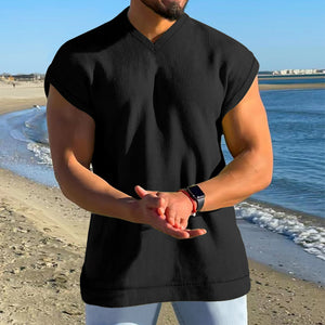 Men's Summer V-Neck Solid Color Men's Sleeveless Casual Loose Short Sleeve