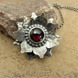 Sterling Silver Red Lotus Garnet Pendant Necklace