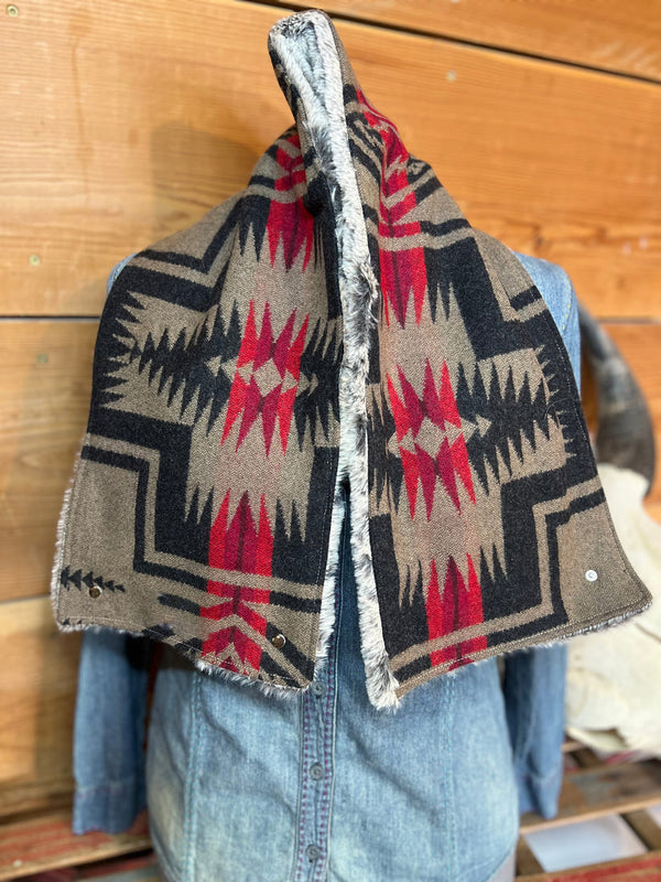 Women's Western Khaki Gray Aztec Sherpa Warm Neck Hood