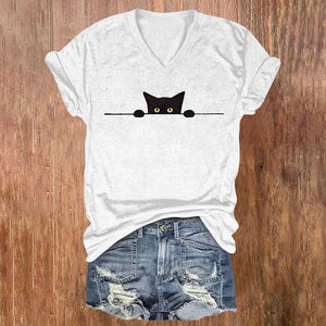 Women's Casual Black Cat Print V-neck T-shirt