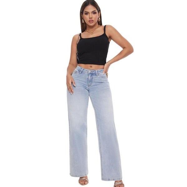 Mid-low Rise Baggy Jeans Wide Leg for Women Distressed Pants Stretchy Light Blue/Dark Blue Plus Size Womenswear Bottom 8001 Lady Basic Minimalist Comfortable Denim