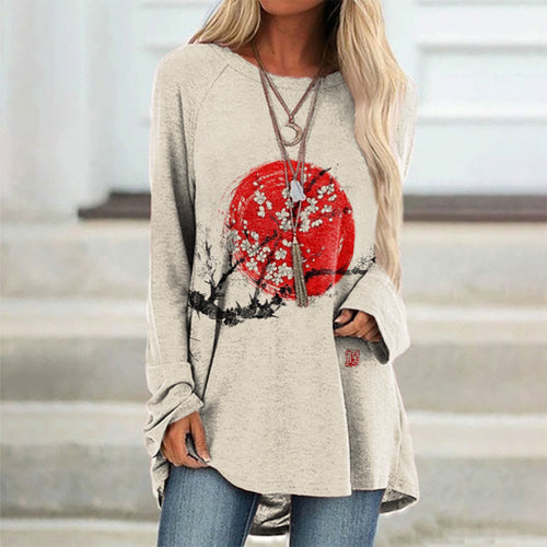 Sunrise Plum Blossom Japanese Art Cozy Long Sleeved Tunic