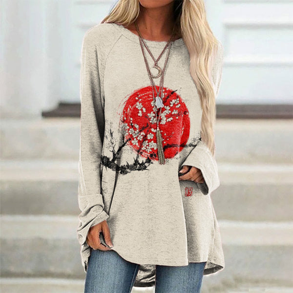 Sunrise Plum Blossom Japanese Art Cozy Long Sleeved Tunic