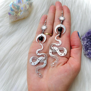 Silver Snake Moon Earrings