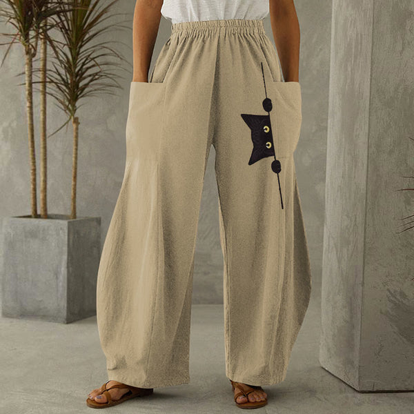 Women's Black Cat Print Casual Pants