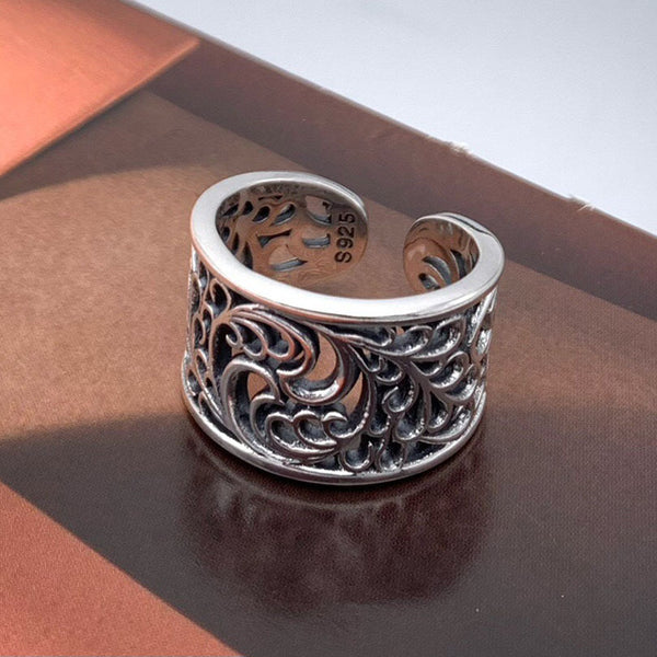 S925 Hemerocallis hollow-carved design Adjustable Ring