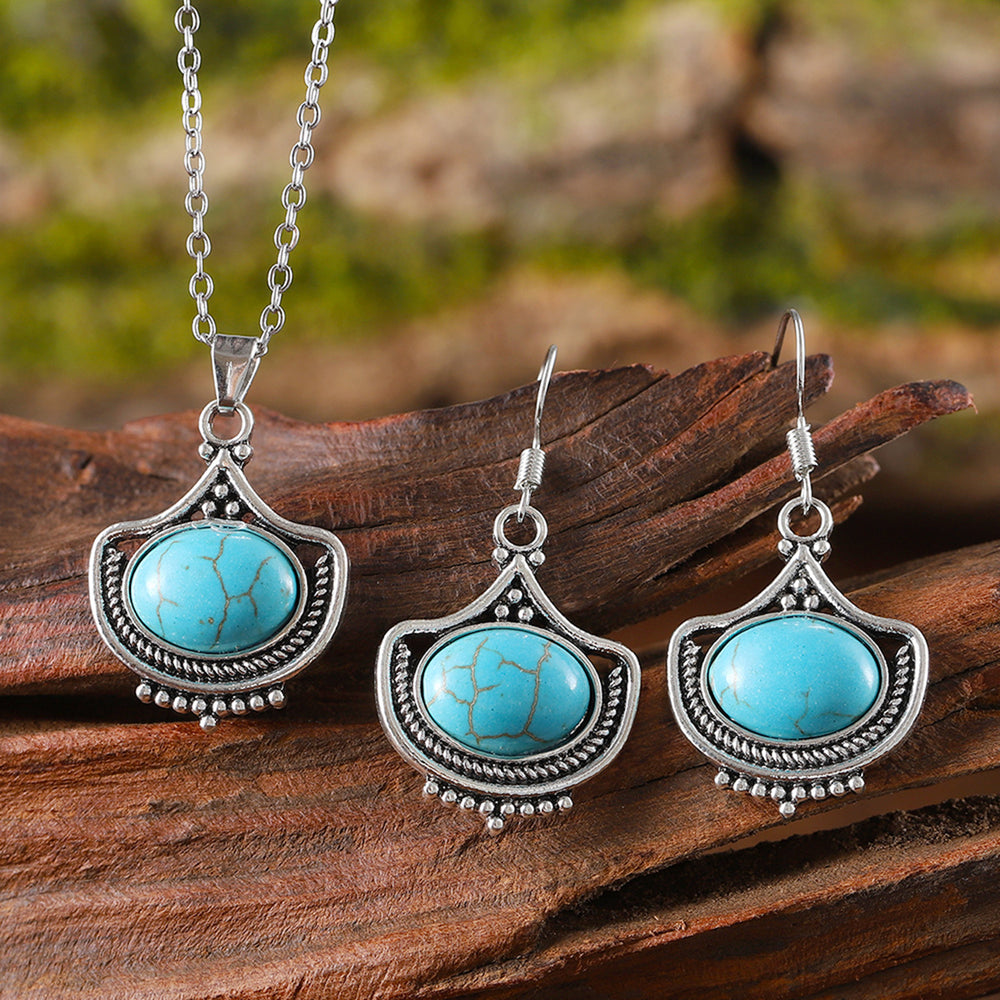 Vintage Inlaid Turquoise Earrings Necklace Set