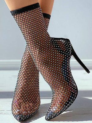 Fishnet Mesh Rhinestone Stiletto Heel Boots