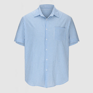 Men's Casual Cotton Linen Striped Short Sleeve Shirt