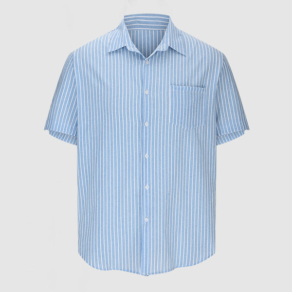 Men's Casual Cotton Linen Striped Short Sleeve Shirt