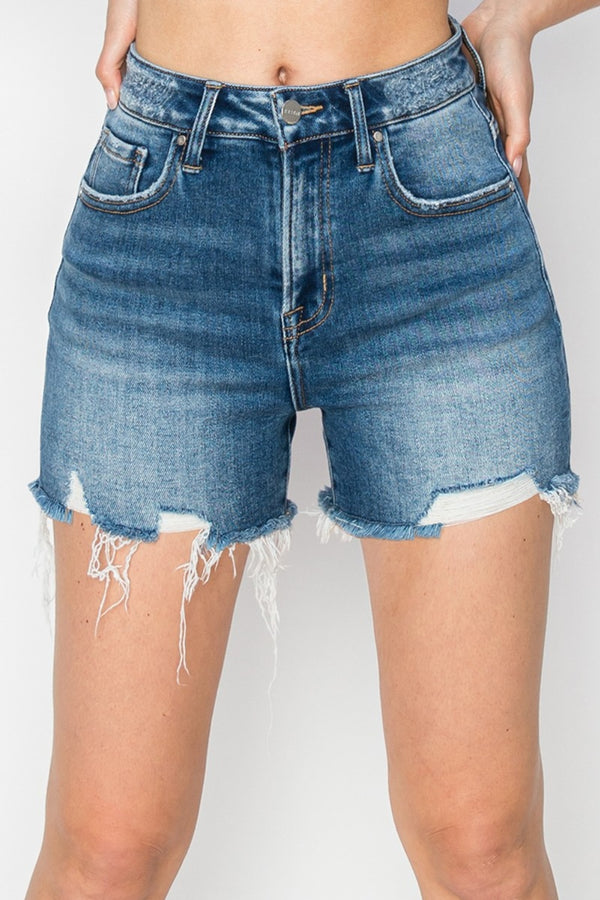 High Rise Raw Hem Distressed Denim Shorts