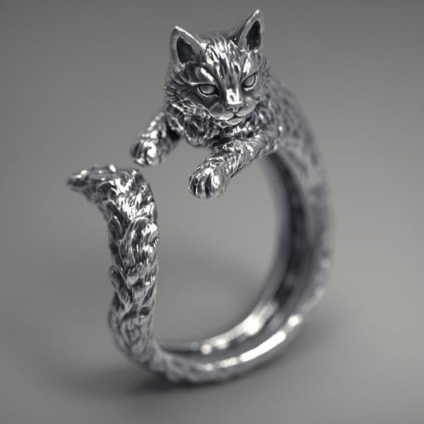 Retro Thai Silver Black Cat Ring Pet Cat Live Ring